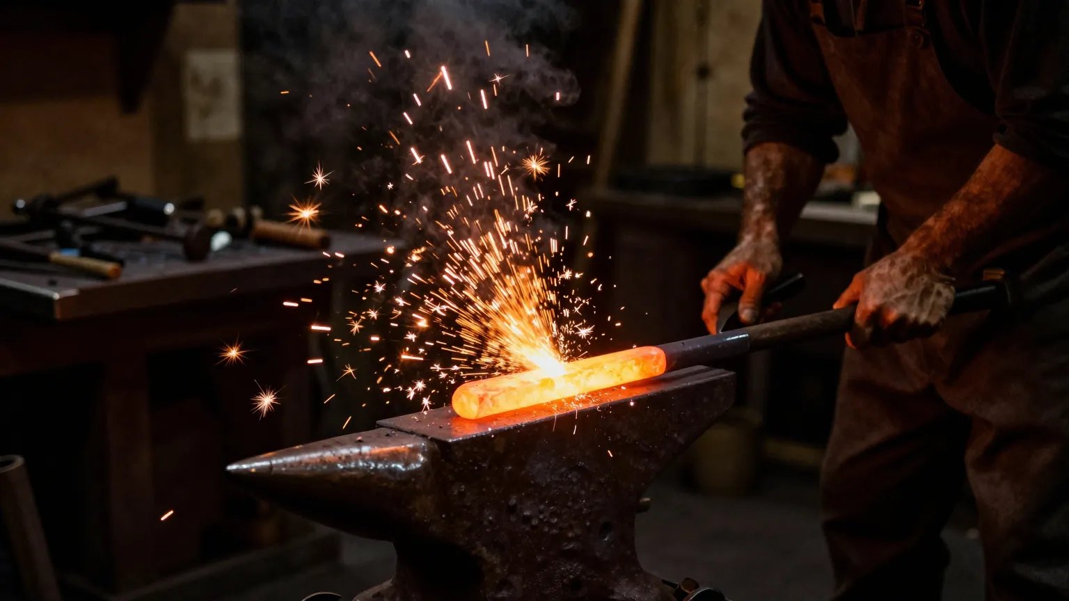 Master smith forging glowing steel on the anvil
